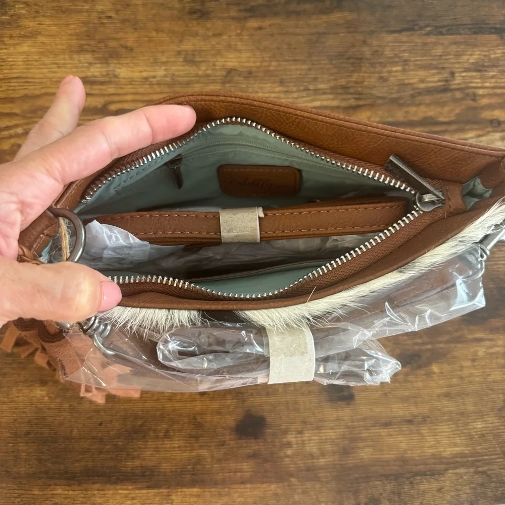 CatchFly Hair on Hide Western Shoulder Bag-Cowhide Leather Clutch NWT - Picture 3 of 11